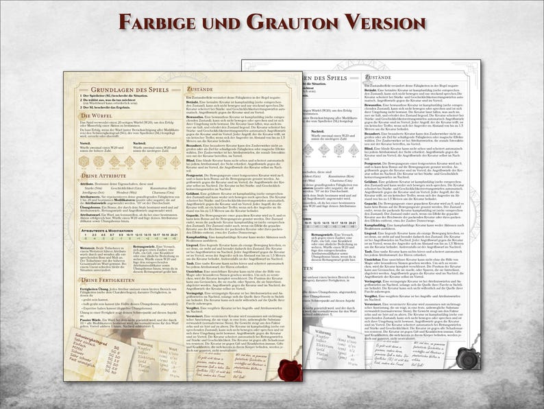 Puede incluir: Doble p&aacute;gina de un manual de juego de rol de mesa. La p&aacute;gina izquierda es en color, la derecha en escala de grises. El texto incluye "Grundlagen des Spiels" y "Farbig und Grauton Version."