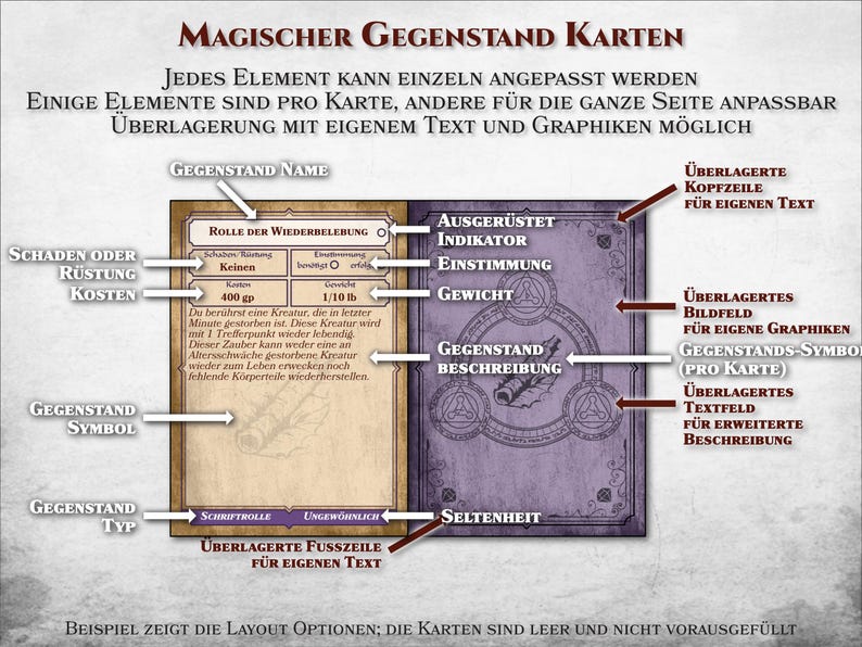 May include: A sample card template for a magic item card game. The card is divided into sections for name, description, rarity, and other details. The card is customizable with text and graphics. The text on the card reads "Role of the Resurrection: None, Cost: 400 gp, Weight: 1/10 lb. You touch a creature that died in the last minute. This creature comes back to life with 1 hit point. This spell cannot revive a creature that died of old age or restore missing body parts."