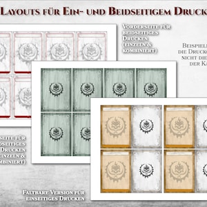 K&ouml;nnte beinhalten: Ein druckbares Blatt mit Layouts f&uuml;r einseitigen und doppelseitigen Druck von Karten. Die Layouts beinhalten verschiedene Optionen f&uuml;r die Anordnung der Karten auf der Seite. Der Text auf dem Blatt ist in deutscher Sprache.