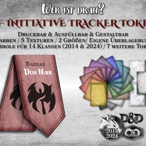 Puede incluir: Fichas de seguimiento de iniciativa PDF imprimibles para Dungeons and Dragons 5ª edición. Las fichas presentan 16 colores, 5 texturas, 2 tamaños y superposiciones personalizables. La imagen muestra una ficha de muestra con un símbolo de bárbaro y el texto "BARBAR / DEIN NAME".