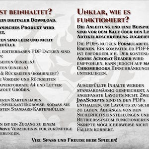 K&ouml;nnte beinhalten: Ein Schwarzwei&szlig;bild mit Text, der "Was ist beinhaltet?" und "Unklar, wie es funktioniert?" lautet. Der Text beschreibt den Inhalt eines digitalen Downloads von druckbaren Karten. Die Karten k&ouml;nnen mit verschiedenen Layouts und Gr&ouml;&szlig;en angepasst werden. Der Text erw&auml;hnt auch, dass der Download Zugriff auf einen Google Drive-Ordner f&uuml;r zuk&uuml;nftige Updates beinhaltet.