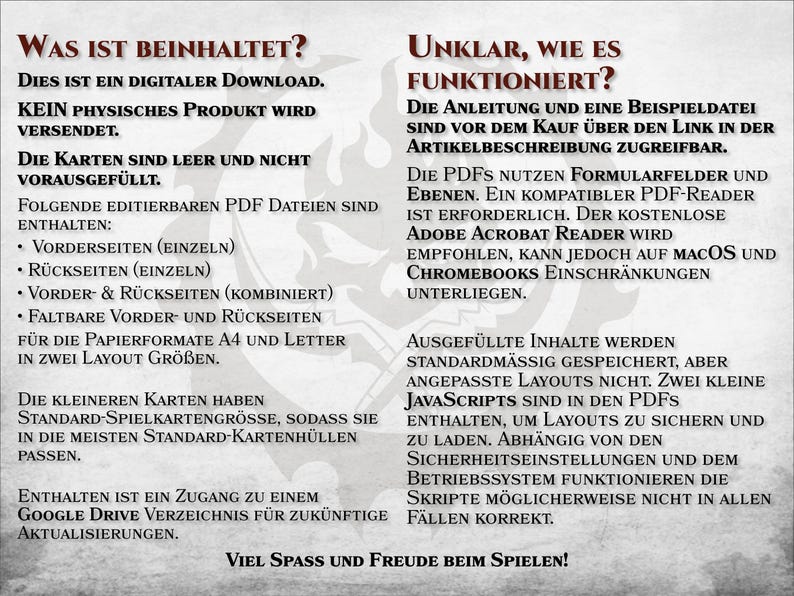 K&ouml;nnte beinhalten: Ein Schwarzwei&szlig;bild mit Text, der "Was ist beinhaltet?" und "Unklar, wie es funktioniert?" lautet. Der Text beschreibt den Inhalt eines digitalen Downloads von druckbaren Karten. Die Karten k&ouml;nnen mit verschiedenen Layouts und Gr&ouml;&szlig;en angepasst werden. Der Text erw&auml;hnt auch, dass der Download Zugriff auf einen Google Drive-Ordner f&uuml;r zuk&uuml;nftige Updates beinhaltet.