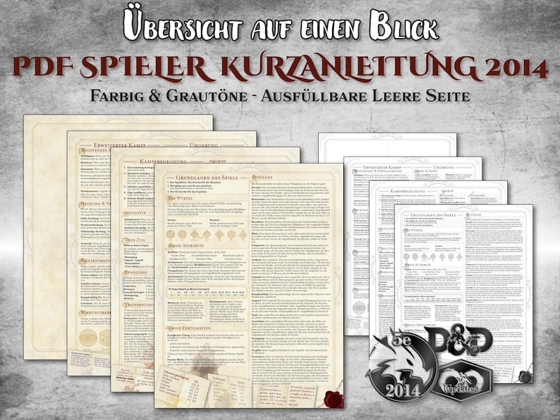 Puede incluir: Una colecci&oacute;n de gu&iacute;as de juego PDF impresas con texto en alem&aacute;n, incluyendo "&Uuml;BERSICHT AUF EINEN BLICK" y "PDF SPIELER KURZANLEITUNG 2014." Las gu&iacute;as son en color y escala de grises, con p&aacute;ginas en blanco rellenables. Incluye un logo de D&D.