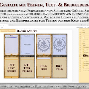 May include: Screenshot of a computer screen showing a software program for creating cards. The program has a variety of features, including text fields, image fields, and layers. The screenshot shows a sample card with the text "FELRAIDER RPG" and a skull and crossbones graphic. The program also has a variety of macro buttons for creating different types of cards.