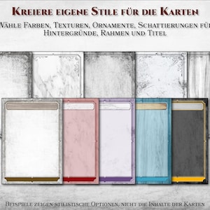 May include: A set of eight card templates with different backgrounds and borders. The templates are blank and ready to be customized with colors, textures, ornaments, and shading. The text on the image reads "KREIERE EIGENE STILE F&Uuml;R DIE KARTEN" and "W&Auml;HLE FARBEN, TEXTUREN, ORNAMENTE, SCHATTIERUNGEN F&Uuml;R HINTERGR&Uuml;NDE, RAHMEN UND TITEL".