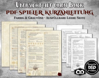 DnD Spieler Kurzanleitung PDF ausfüllbar Übersicht anpassbar druckbar Zubehör Dungeon Master Geschenk D&D 5e