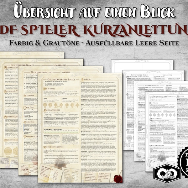 DnD Spieler Kurzanleitung PDF ausfüllbar Übersicht anpassbar druckbar Zubehör Dungeon Master Geschenk D&D 5e