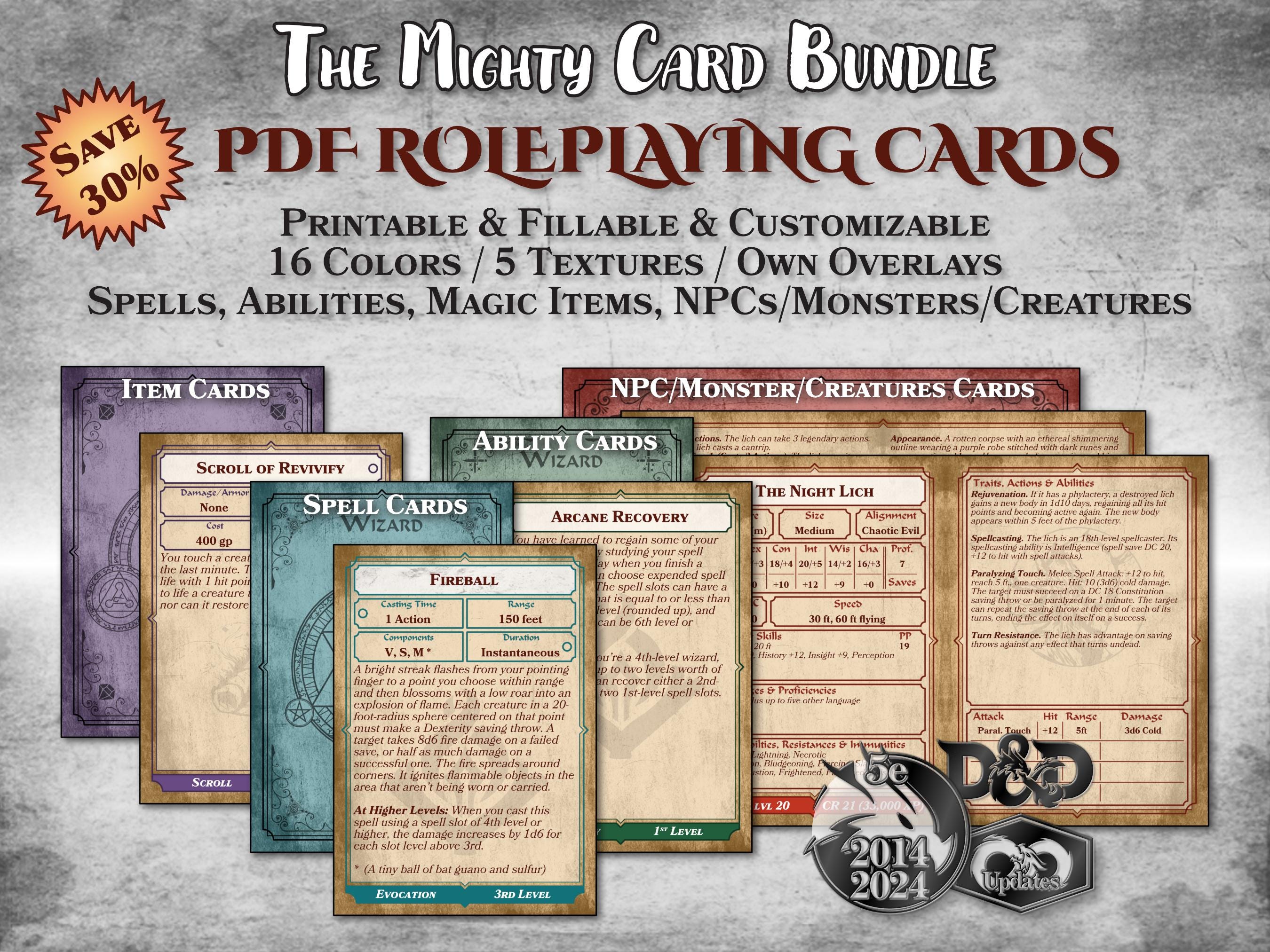 DnD Card Bundle PDF Fillable Spell Item Ability NPC Monster Creature Customizable Accessory Dungeon Master Gift Dungeons and Dragons D&D 5e