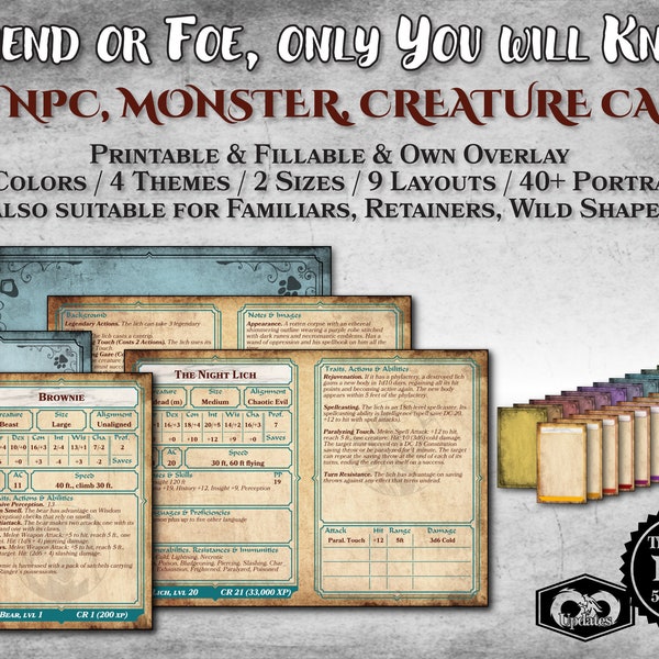 DnD NPC Cards Monster Cards Creature Cards PDF Fillable Customizable Printable Accessory Dungeon Master Gift Dungeons and Dragons D&D 5e