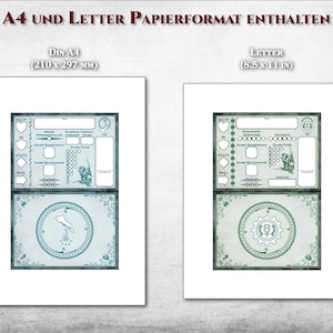 Pu&ograve; includere: Due fogli di personaggio stampabili per giochi di ruolo, uno in formato lettera (8,5 x 11 pollici) e uno in formato A4 (210 x 297 mm). Entrambi i fogli presentano un design verde e blu con un bordo circolare e uno spazio vuoto per le informazioni sul personaggio.