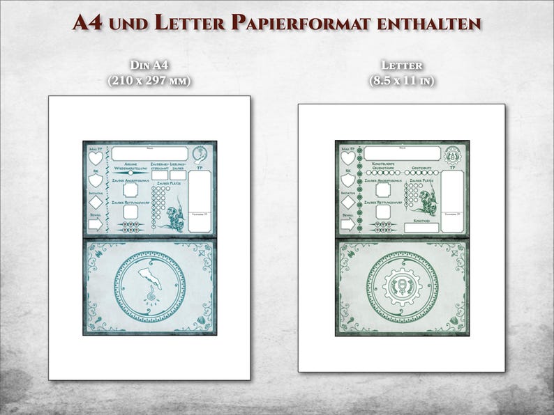 Pu&ograve; includere: Due fogli di personaggio stampabili per giochi di ruolo, uno in formato lettera (8,5 x 11 pollici) e uno in formato A4 (210 x 297 mm). Entrambi i fogli presentano un design verde e blu con un bordo circolare e uno spazio vuoto per le informazioni sul personaggio.