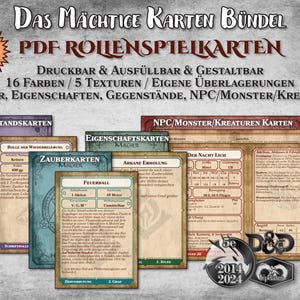 DnD Karten Bündel PDF ausfüllbar Zauber Eigenschaften Gegenstände NPC Monster anpassbar druckbar Zubehör Dungeon Master D&D 5e