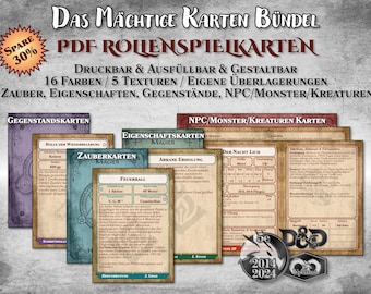 DnD Karten Bündel PDF ausfüllbar Zauber Eigenschaften Gegenstände NPC Monster anpassbar druckbar Zubehör Dungeon Master D&D 5e