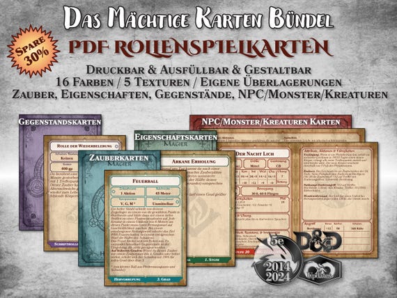 DnD Karten Bündel PDF ausfüllbar Zauber Eigenschaften Gegenstände NPC Monster anpassbar druckbar Zubehör Dungeon Master D&D 5e