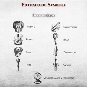 May include: Black and white line drawings of various game symbols, including armor, a potion, a ring, a staff, a sword, a scroll, a dagger, and a wand. The text "Enthaltene Symbole" and "Gegenst&auml;nde" is also included in the image.