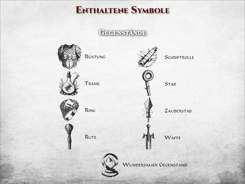 May include: Black and white line drawings of various game symbols, including armor, a potion, a ring, a staff, a sword, a scroll, a dagger, and a wand. The text "Enthaltene Symbole" and "Gegenst&auml;nde" is also included in the image.