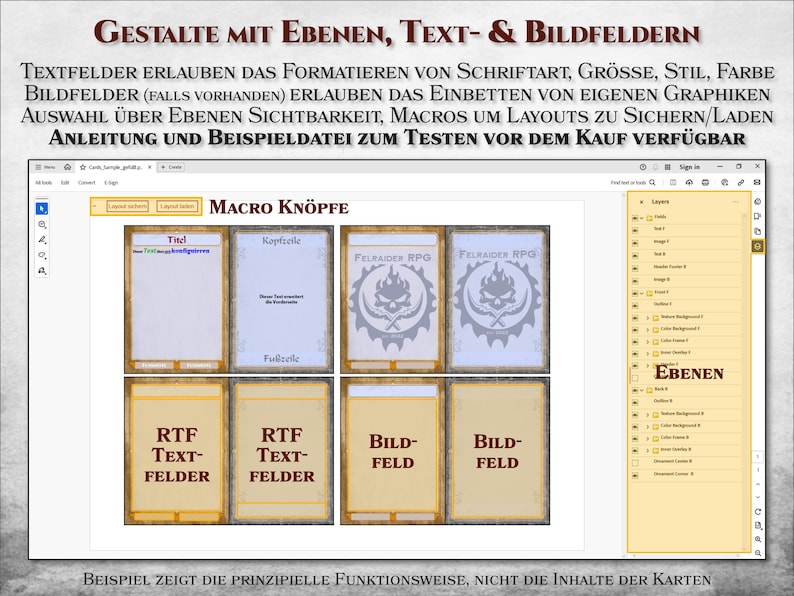 K&ouml;nnte beinhalten: Screenshot eines Computerbildschirms, der ein Softwareprogramm zum Erstellen von Karten zeigt. Das Programm verf&uuml;gt &uuml;ber eine Symbolleiste mit Schaltfl&auml;chen zum Hinzuf&uuml;gen von Textfeldern, Bildfeldern und Ebenen. Das Programm verf&uuml;gt au&szlig;erdem &uuml;ber ein Vorschaufenster, das eine Beispielkarte mit Textfeldern und Bildfeldern zeigt. Der Text auf dem Bildschirm lautet "GESTALTE MIT EBENEN, TEXT- & BILDFELDERN" und "MACRO KN&Ouml;PFE".