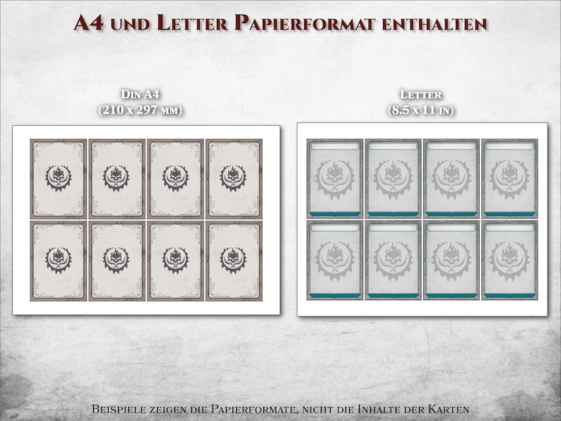May include: A visual guide showing the difference in size between A4 paper (210 x 297 mm) and Letter paper (8.5 x 11 inches). The image shows nine cards on each paper size, with a decorative design on each card.