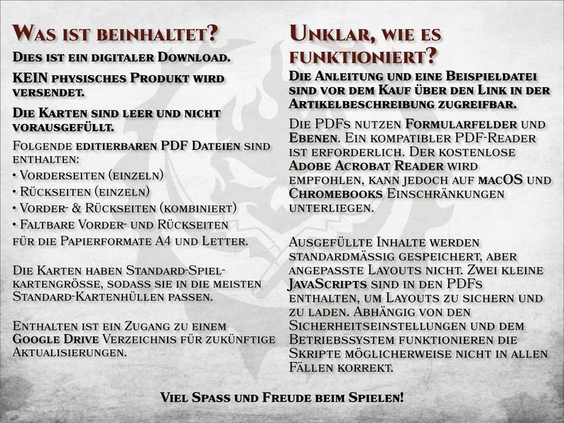 May include: A digital download for a printable board game. The image shows a text description of the game's contents, including editable PDF files for the game's cards, and instructions on how to use the files. The text also mentions that the game is compatible with Adobe Acrobat Reader, but may have limitations on macOS and Chromebooks.