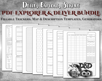 Può includere: Un set di pagine PDF stampabili per giochi di ruolo. Le pagine includono tracker, mappe e modelli di descrizione. Il testo "DELVE, EXPLORE, SURVIVE" e "PDF EXPLORER & DELVER BUNDLE" è in alto nell'immagine. Il testo "FILLABLE TRACKERS, MAP & DESCRIPTION TEMPLATES, GENERATORS" è sotto il titolo. L'immagine include anche il testo "2014 2024" e un logo di Dungeons and Dragons.