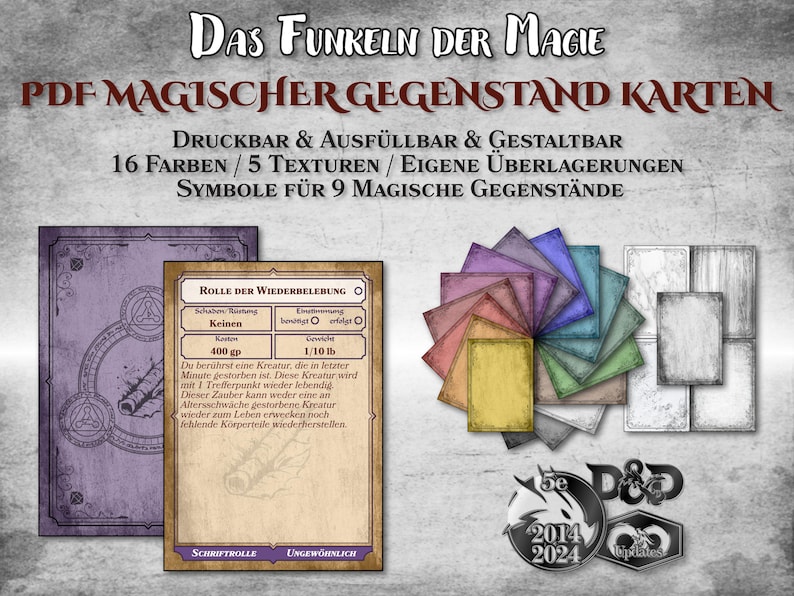 May include: A printable PDF template for creating magic item cards for tabletop role-playing games. The template features 16 colors, 5 textures, and customizable overlays. The image shows a sample card for a "Revivify" spell with a purple and gold background.
