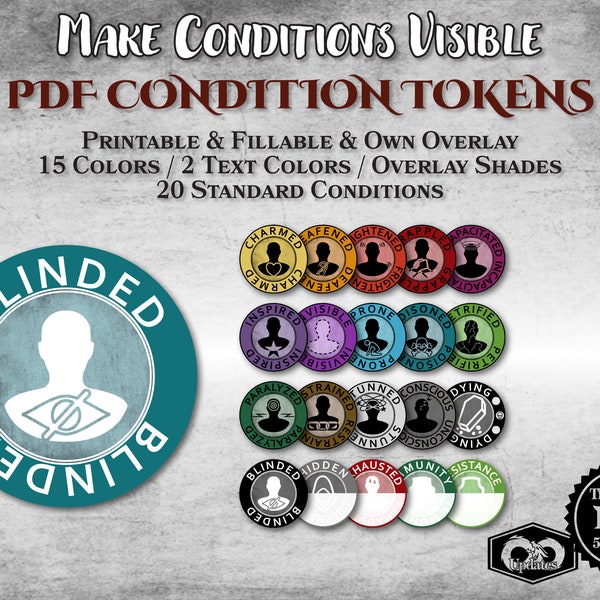 DnD Condition Tokens PDF Player Standard Conditions Customizable Printable Accessory Dungeon Master Gift Dungeons and Dragons D&D 5e