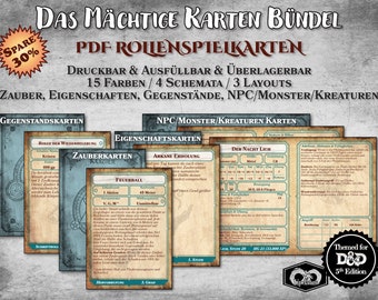 DnD Karten Bündel PDF ausfüllbar Zauber Eigenschaften Gegenstände NPC Monster anpassbar druckbar Zubehör Dungeon Master D&D 5e