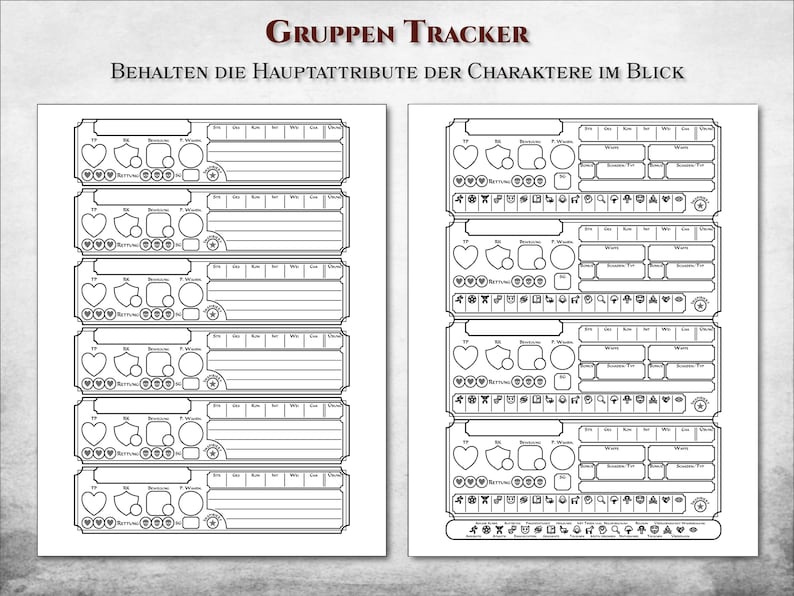 K&ouml;nnte beinhalten: Ein druckbarer Charakterbogen-Tracker f&uuml;r Rollenspiele. Der Bogen hat Platz f&uuml;r Charaktername, Rasse, Klasse und Attribute. Er enth&auml;lt auch Platz f&uuml;r die Verfolgung von Trefferpunkten, R&uuml;stungsklasse und anderen wichtigen Statistiken.