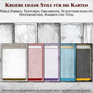 Puede incluir: Un conjunto de ocho plantillas de tarjetas con diferentes fondos y bordes. Las plantillas est&aacute;n en blanco y listas para ser personalizadas con colores, texturas, ornamentos y sombreado. El texto en la imagen dice "KREIERE EIGENE STILE F&Uuml;R DIE KARTEN" y "W&Auml;HLE FARBEN, TEXTUREN, ORNAMENTE, SCHATTIERUNGEN F&Uuml;R HINTERGR&Uuml;NDE, RAHMEN UND TITEL".