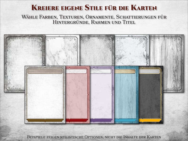 Puede incluir: Un conjunto de ocho plantillas de tarjetas con diferentes fondos y bordes. Las plantillas est&aacute;n en blanco y listas para ser personalizadas con colores, texturas, ornamentos y sombreado. El texto en la imagen dice "KREIERE EIGENE STILE F&Uuml;R DIE KARTEN" y "W&Auml;HLE FARBEN, TEXTUREN, ORNAMENTE, SCHATTIERUNGEN F&Uuml;R HINTERGR&Uuml;NDE, RAHMEN UND TITEL".