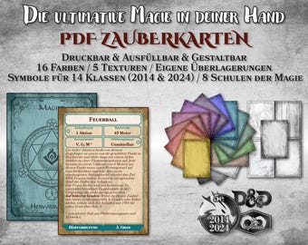 DnD Zauber Karten PDF ausfüllbar alle Klassen anpassbar druckbar Zubehör Dungeon Master Geschenk Dungeons and Dragons D&D 5e