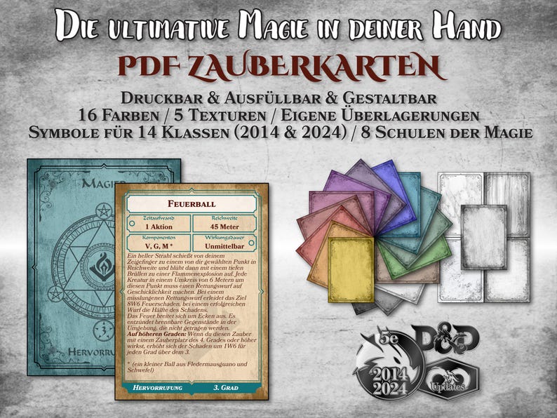 May include: A printable PDF set of magic spell cards for Dungeons and Dragons 5th Edition. The cards feature a fireball spell card with the text "Feuerball" and the text "Die ultimative Magie in deiner Hand" at the top of the image.