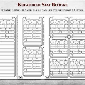 K&ouml;nnte beinhalten: Ein druckbares Blatt mit Charakter-Statistikbl&ouml;cken f&uuml;r Rollenspiele. Das Blatt ist in Abschnitte f&uuml;r verschiedene Charakterattribute unterteilt, darunter St&auml;rke, Geschicklichkeit, Konstitution, Intelligenz, Weisheit und Charisma. Das Blatt bietet auch Platz f&uuml;r Notizen und andere Informationen.