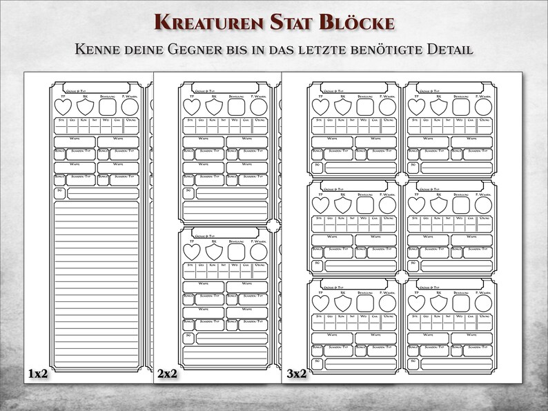 K&ouml;nnte beinhalten: Ein druckbares Blatt mit Charakter-Statistikbl&ouml;cken f&uuml;r Rollenspiele. Das Blatt ist in Abschnitte f&uuml;r verschiedene Charakterattribute unterteilt, darunter St&auml;rke, Geschicklichkeit, Konstitution, Intelligenz, Weisheit und Charisma. Das Blatt bietet auch Platz f&uuml;r Notizen und andere Informationen.