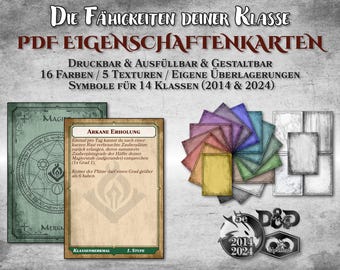 DnD Klassen Eigenschaften Karten PDF ausfüllbar alle Klassen druckbar Zubehör Dungeon Master Geschenk Dungeons and Dragons D&D 5e