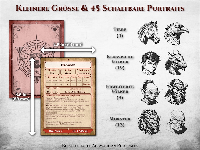 K&ouml;nnte beinhalten: Ein Charakterblatt f&uuml;r eine Brownie-Kreatur in einem Tabletop-Rollenspiel. Das Blatt enth&auml;lt Werte, F&auml;higkeiten und eine Beschreibung der Kreatur. Das Blatt ist 8,9 cm x 6,3 cm gro&szlig;. Das Bild zeigt auch eine Auswahl von 45 verschiedenen Charakterportraits zur Verwendung im Spiel, darunter Tiere, klassische V&ouml;lker, erweiterte V&ouml;lker und Monster.