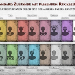 May include: A set of 16 cards with different colored backgrounds and icons representing various character states, such as lying down, unconscious, and petrified. The text on the cards reads "Standard Zust&auml;nde mit passenden R&uuml;ckseiten" and "Standard Farben k&ouml;nnen durch eine der anderen Farben ersetzt werden".