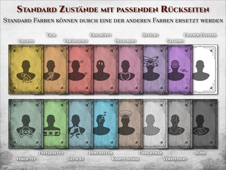 May include: A set of 16 cards with different colored backgrounds and icons representing various character states, such as lying down, unconscious, and petrified. The text on the cards reads "Standard Zust&auml;nde mit passenden R&uuml;ckseiten" and "Standard Farben k&ouml;nnen durch eine der anderen Farben ersetzt werden".