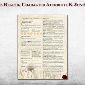 Puede incluir: Una p&aacute;gina detallada de un manual de juego de rol, con texto y tablas en alem&aacute;n. El documento tiene una apariencia de pergamino, con t&iacute;tulos como "Basis Regeln" y "Charakter Attribute & Zust&auml;nde". Se ve un sello de cera rojo.