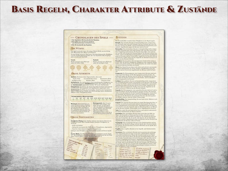 Puede incluir: Una p&aacute;gina detallada de un manual de juego de rol, con texto y tablas en alem&aacute;n. El documento tiene una apariencia de pergamino, con t&iacute;tulos como "Basis Regeln" y "Charakter Attribute & Zust&auml;nde". Se ve un sello de cera rojo.
