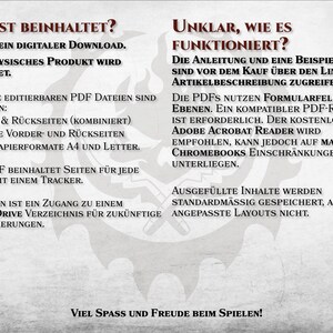 Pu&ograve; includere: Un'immagine in bianco e nero con testo in tedesco. Il testo recita "Was ist beinhaltet?" (Cosa &egrave; incluso?) e "Unklar, wie es funktioniert?" (Non &egrave; chiaro come funziona?). Il testo descrive un download digitale di file PDF modificabili per un prodotto. Il testo menziona anche che il prodotto include l'accesso a una cartella di Google Drive per futuri aggiornamenti.
