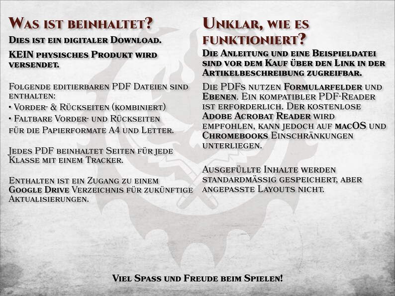 Pu&ograve; includere: Un'immagine in bianco e nero con testo in tedesco. Il testo recita "Was ist beinhaltet?" (Cosa &egrave; incluso?) e "Unklar, wie es funktioniert?" (Non &egrave; chiaro come funziona?). Il testo descrive un download digitale di file PDF modificabili per un prodotto. Il testo menziona anche che il prodotto include l'accesso a una cartella di Google Drive per futuri aggiornamenti.