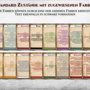 May include: A set of 16 cards with different colored borders and text describing various character states. The card titles include "Bewusstlos", "Blind", "Gel&auml;hmt", "Ersch&ouml;pft", "Vergiftet", and "Ver&auml;ngstigt".