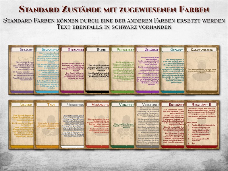 May include: A set of 16 cards with different colored borders and text describing various character states. The card titles include "Bewusstlos", "Blind", "Gel&auml;hmt", "Ersch&ouml;pft", "Vergiftet", and "Ver&auml;ngstigt".