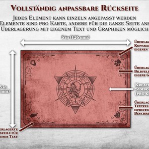 K&ouml;nnte beinhalten: Eine anpassbare Spielkartenr&uuml;ckseite mit rotem Hintergrund und einer Schwarzwei&szlig;illustration eines Pentagramms mit einer Kreatur darin. Die Vorlage bietet Platz f&uuml;r ein Kreaturensymbol, Text und Bilder. Der Text auf dem Bild lautet "VOLLST&Auml;NDIG ANPASSBARE R&Uuml;CKSEITE JEDES ELEMENT KANN EINZELN ANGEPASST WERDEN EINIGE ELEMENTE SIND PRO KARTE, ANDERE F&Uuml;R DIE GANZE SEITE ANPASSBAR &Uuml;BERLAGERUNG MIT EIGENEM TEXT UND GRAPHIKEN M&Ouml;GLICH 5 in (126 mm) 3.5 in (89 mm)"