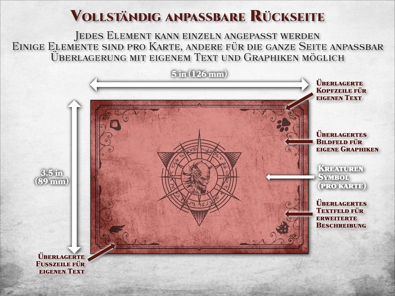 K&ouml;nnte beinhalten: Eine anpassbare Spielkartenr&uuml;ckseite mit rotem Hintergrund und einer Schwarzwei&szlig;illustration eines Pentagramms mit einer Kreatur darin. Die Vorlage bietet Platz f&uuml;r ein Kreaturensymbol, Text und Bilder. Der Text auf dem Bild lautet "VOLLST&Auml;NDIG ANPASSBARE R&Uuml;CKSEITE JEDES ELEMENT KANN EINZELN ANGEPASST WERDEN EINIGE ELEMENTE SIND PRO KARTE, ANDERE F&Uuml;R DIE GANZE SEITE ANPASSBAR &Uuml;BERLAGERUNG MIT EIGENEM TEXT UND GRAPHIKEN M&Ouml;GLICH 5 in (126 mm) 3.5 in (89 mm)"