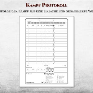 K&ouml;nnte beinhalten: Ein schwarz-wei&szlig;es, druckbares Kampfprotokoll-Blatt mit den deutschen W&ouml;rtern "Kampf Protokoll" und "Verfolge den Kampf auf eine einfache und organisierte Weise" oben. Das Blatt ist in Spalten f&uuml;r die Rundenanzahl, den Namen, die Initiative, die RK, die TP, die Boni und den Schaden unterteilt.