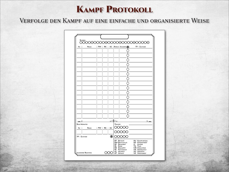 K&ouml;nnte beinhalten: Ein schwarz-wei&szlig;es, druckbares Kampfprotokoll-Blatt mit den deutschen W&ouml;rtern "Kampf Protokoll" und "Verfolge den Kampf auf eine einfache und organisierte Weise" oben. Das Blatt ist in Spalten f&uuml;r die Rundenanzahl, den Namen, die Initiative, die RK, die TP, die Boni und den Schaden unterteilt.