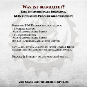 Puede incluir: Anuncio de descarga digital en alem&aacute;n sobre fondo gris. El texto detalla la inclusi&oacute;n de archivos PDF con p&aacute;ginas en color y escala de grises, y acceso a Google Drive para actualizaciones. Tambi&eacute;n menciona imprimir y jugar tantas veces como se desee.