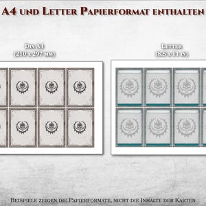 Puede incluir: Una gu&iacute;a visual que muestra la diferencia de tama&ntilde;o entre el papel A4 (210 x 297 mm) y el papel Letter (8,5 x 11 pulgadas). La imagen muestra nueve tarjetas en cada tama&ntilde;o de papel, con un dise&ntilde;o decorativo en cada tarjeta.